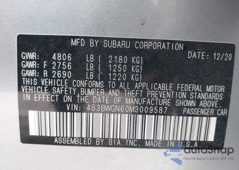 2021 Subaru Legacy Limited Xt from USA, damaged, VIN 4S3BWGN60M3009587
